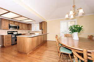 Kitchen with vaulted ceiling, plenty of natural light, kitchen peninsula, and stainless steel appliances