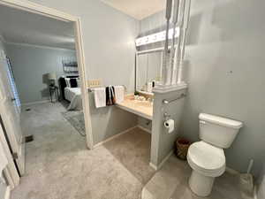 Bathroom with toilet and ornamental molding