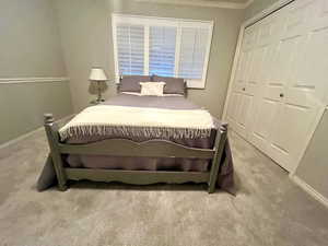 Bedroom with a closet, ornamental molding, and light colored carpet