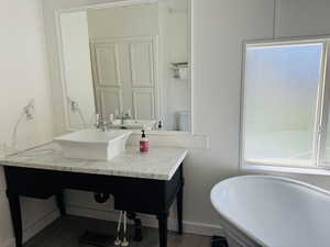 Bathroom featuring a freestanding tub, wood finished floors, vanity, and baseboards