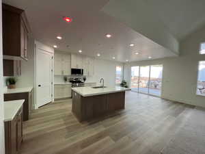 Kitchen featuring a sink, light wood finished floors, stainless steel appliances, and recessed lighting