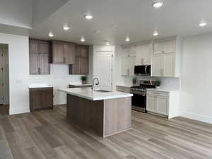 Kitchen with a sink, baseboards, light wood finished floors, stainless steel appliances, and an island with sink