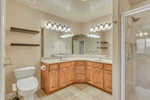 Ensuite Primary Bathroom with tile patterned flooring, walk in shower, toilet, and vanity