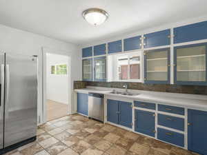 Kitchen with appliances with stainless steel finishes, sink, tasteful backsplash, and blue cabinetry