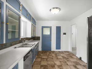 Kitchen featuring blue cabinets, stainless steel appliances, sink, and decorative backsplash