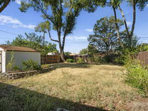 View of yard featuring a storage shed