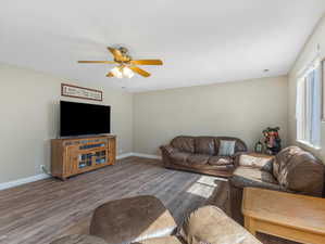 Living room featuring ceiling fan and hardwood / wood-style flooring