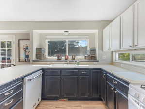 Kitchen featuring dishwasher, light wood-type flooring, white cabinetry, and sink