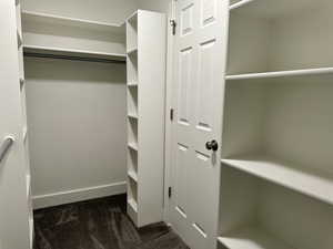 Walk in closet featuring dark carpet