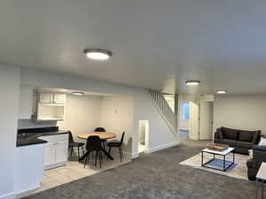 Carpeted family room with 2nd kitchen nook including a sink