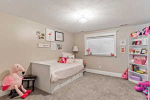 Carpeted bedroom featuring a textured ceiling