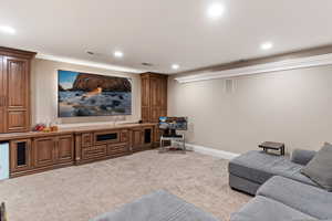 Living room with light colored carpet