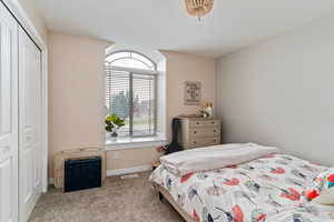 Bedroom with light colored carpet and a closet