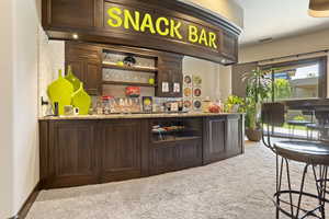 Bar featuring decorative backsplash, visible vents, a bar, baseboards, and carpet floors