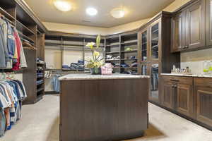 Spacious closet featuring light colored carpet