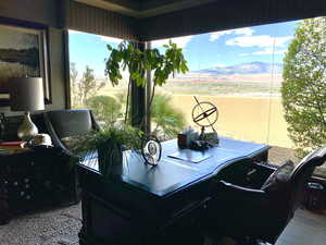 Office with hardwood / wood-style floors, a wealth of natural light, and a mountain view