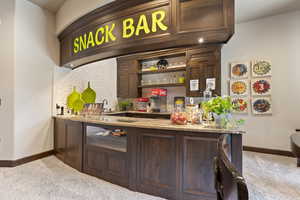 Bar with baseboards, carpet, indoor wet bar, and decorative backsplash