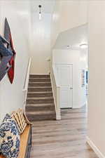 Entry with stairs, coat closet and hallway to family room and kitchen.