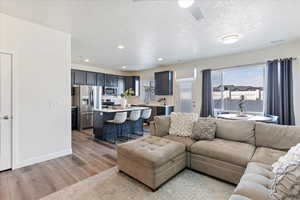 Family/living room with laminate flooring, picture window and back door to fenced patio.