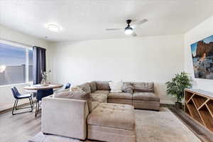 Family/living room with laminate flooring, picture window and back door to fenced patio.