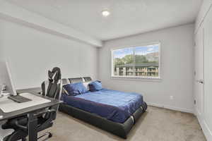 Carpeted bedroom featuring a textured ceiling