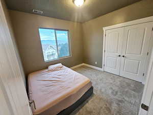 Bedroom featuring a textured ceiling, light colored carpet, and a closet