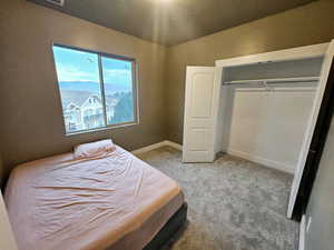 Carpeted bedroom with a closet and a textured ceiling