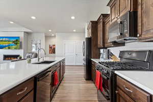 Kitchen with light wood-type flooring, stainless steel appliances, sink, decorative backsplash, and dark brown cabinetry