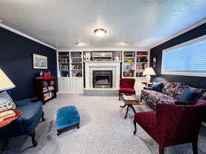 Carpeted living room featuring a textured ceiling, ornamental molding, and built in features