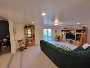 Carpeted living room featuring a textured ceiling