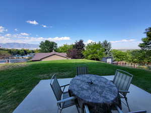 View of patio featuring a mountain view