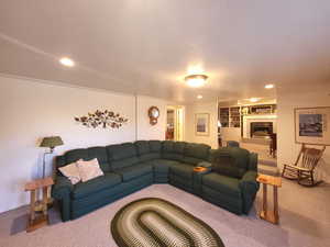 Living room with a textured ceiling and carpet