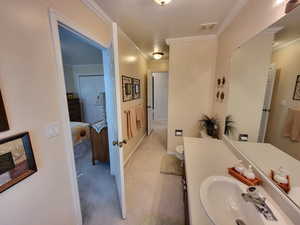 Bathroom featuring toilet, ornamental molding, and sink