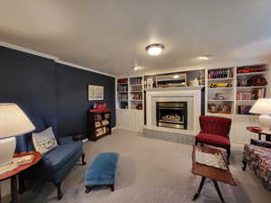 Carpeted living room with built in shelves, ornamental molding, a textured ceiling, and a premium fireplace