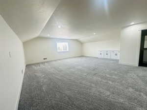 Additional living space featuring vaulted ceiling, a textured ceiling, and carpet floors