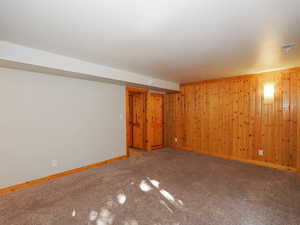 Basement with a textured ceiling, carpet, and wood walls