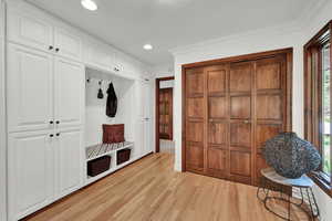 Mudroom featuring a healthy amount of sunlight, ornamental molding, and light hardwood / wood-style floors