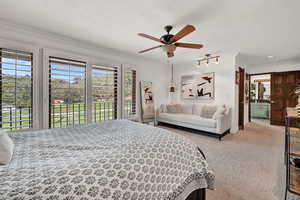 Carpeted bedroom with crown molding, connected bathroom, access to exterior, and ceiling fan