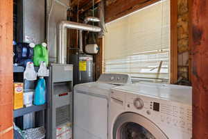 Laundry area featuring washing machine and clothes dryer and gas water heater