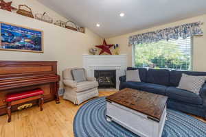 Living room featuring vaulted ceiling and wood-type flooring