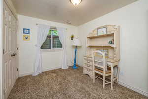 Home office with carpet flooring and a textured ceiling