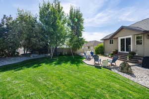 View of yard featuring a trampoline and a patio area