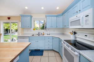 Kitchen with wooden counters, white appliances, blue cabinets, and sink