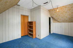 1bedroom room featuring carpet flooring, vaulted ceiling, and wood walls