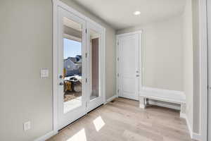 Doorway with a wealth of natural light and light hardwood / wood-style floors