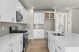 Kitchen with light wood-type flooring, appliances with stainless steel finishes, white cabinetry, and sink