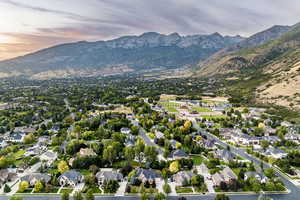 Aerial view at dusk with a mountain view