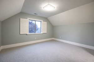 Additional living space featuring a textured ceiling, carpet flooring, and vaulted ceiling