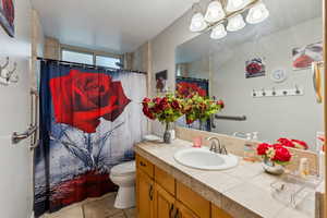 Bathroom with curtained shower, toilet, and vanity. ADU accessible.