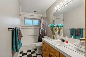 Full bathroom with vanity, toilet, and shower / tub combo